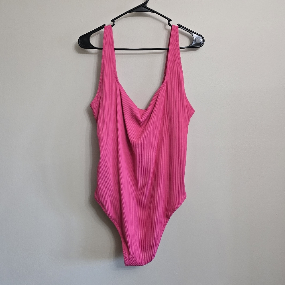 Old Navy French Cut Square Neck Bright Pink Ribbed One Piece Swimsuit